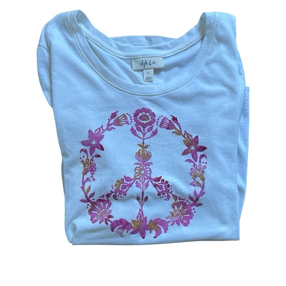 Style & Co floral Peace Sign T Shirt size L - Picture 3 of 8